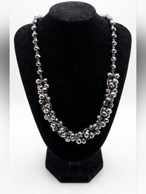 ​Vintage Hematite Gunmetal Faceted Bead Cluster Statement Necklace - Dark